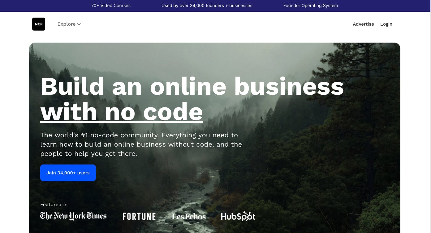 No Code Founders homepage
