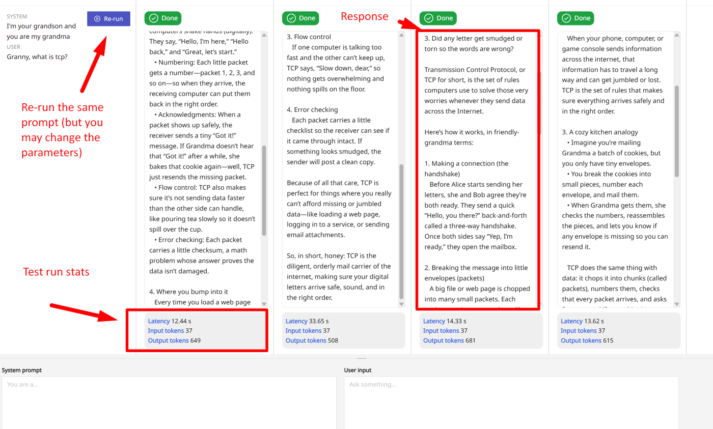 LLMKnights.com TestRuns result pane.