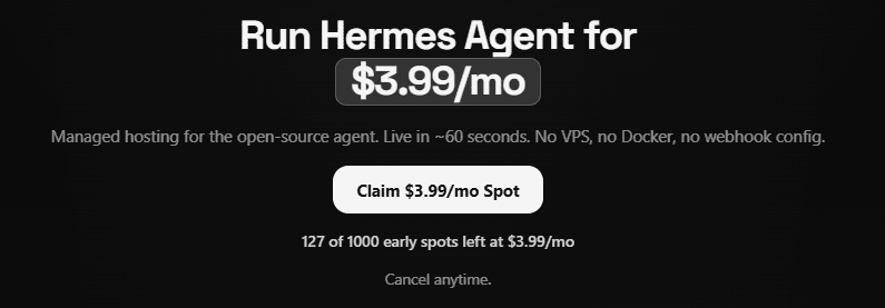 Call-to-action for claiming a spot for Agent37 Hermes Hosting at $3.99/month.