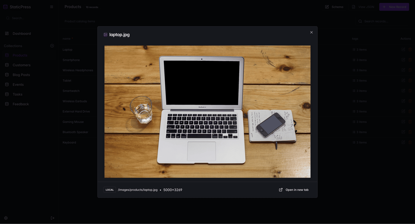 Modal showing an image preview of image content managed by StaticPress.