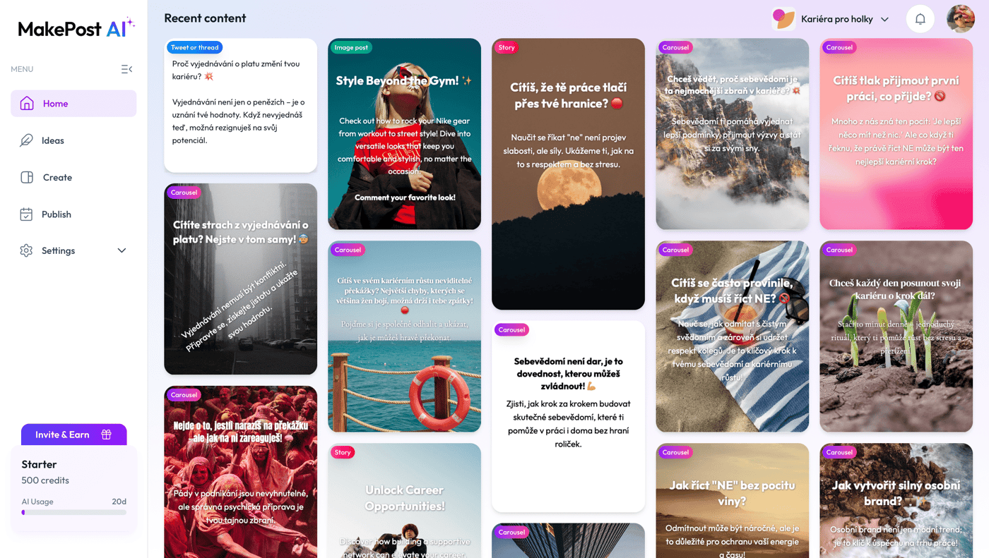 MakePostAI Created Post Ideas Dashboard