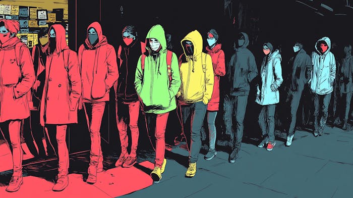 Masked people walking down the street