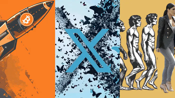 A collage of three images. The first image depicts a rocketship with a bitcoin logo. The second image depicts the logo for X, the social media company, surrounded by butterflies represent the app Bluesky. The third image depicts a woman evolving.