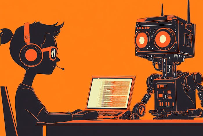 A woman pair coding with a robot