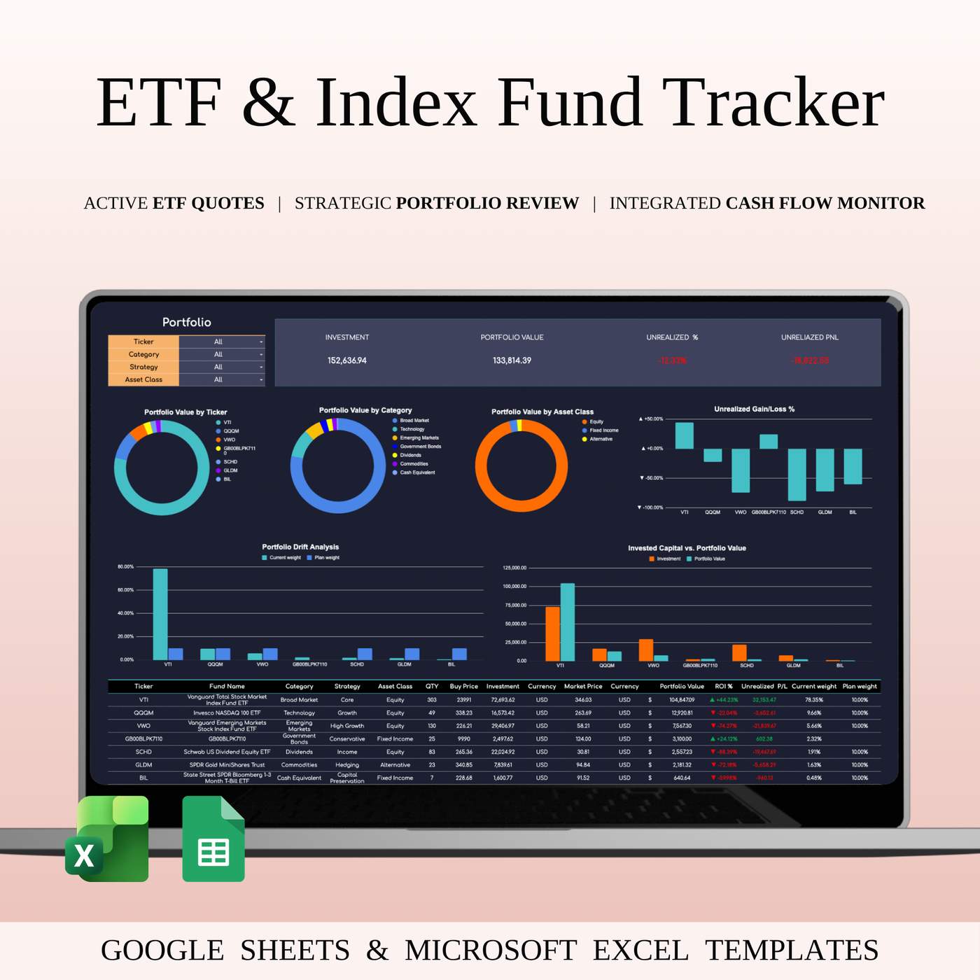 ETF & Index Fund Tracker | Dark Mode - from SpreadsheetsHub