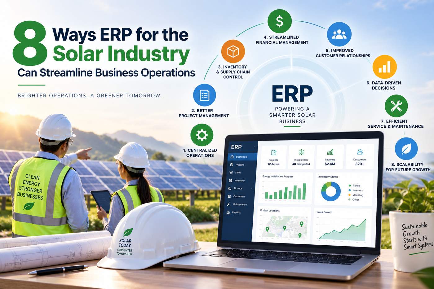 ERP software dashboard helping streamline solar industry business operations, with solar panels, engineers, and eight ERP management benefits.