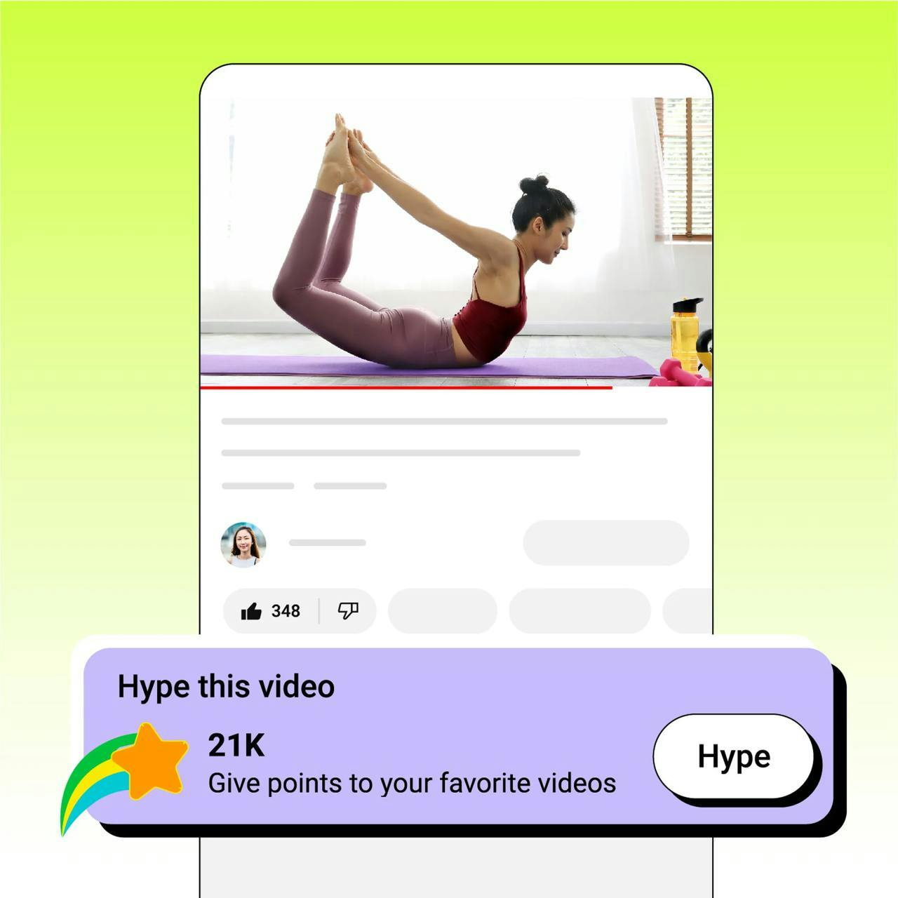 YouTube's Hype button, captioned "Hype this video – Give points to your favorite videos", beneath a video of a woman doing yoga