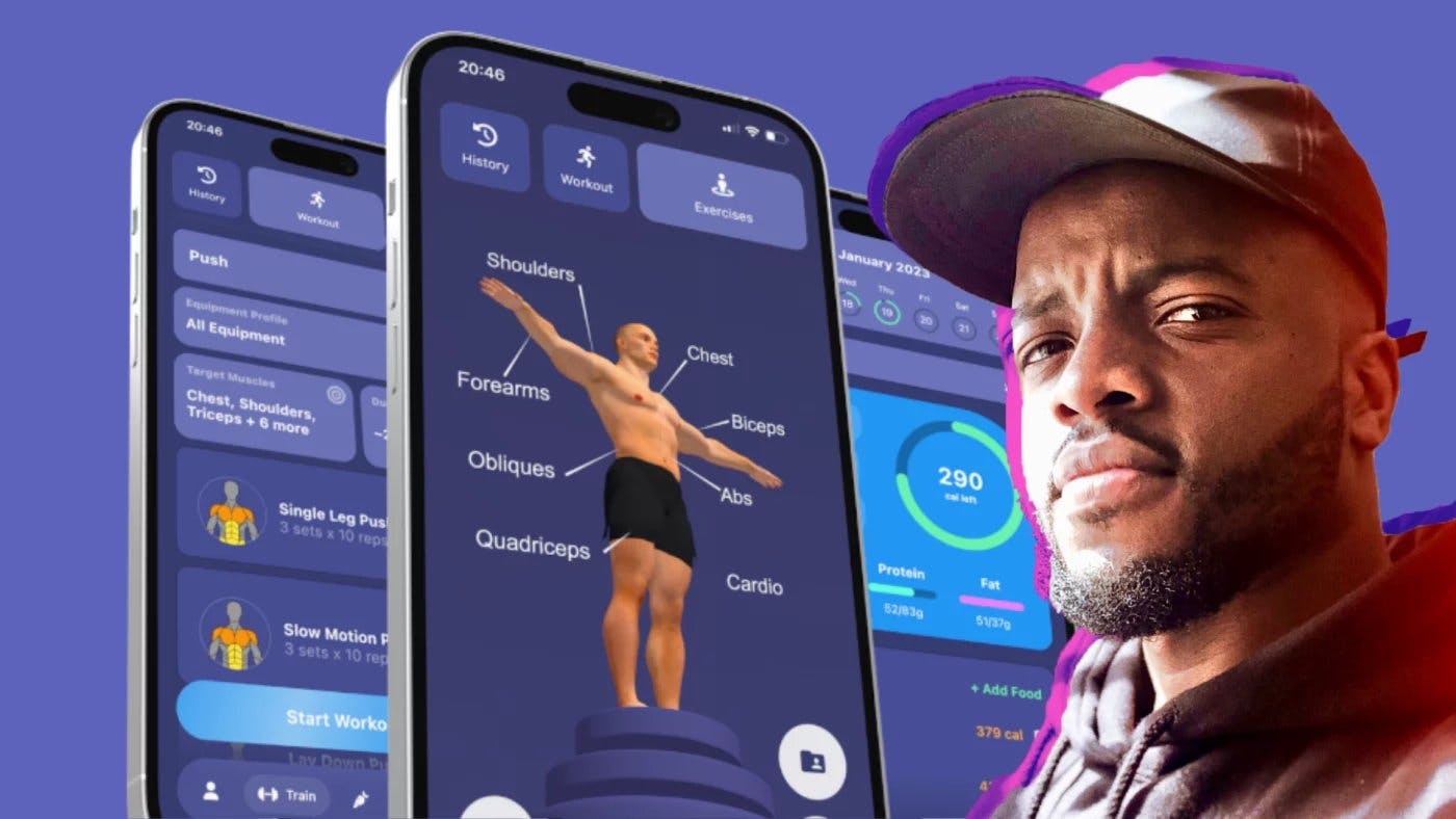 image of Joseph standing before a screenshot of his mobile app.