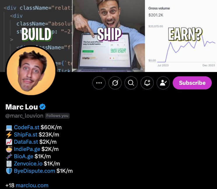 A screenshot of Marc Lou's Twitter profile.