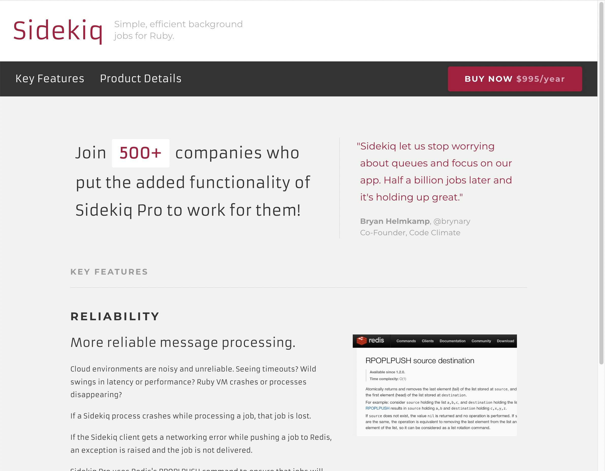 Screenshot of the landing page for Sidekiq