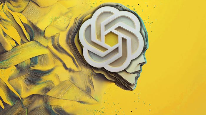 An OpenAI logo floating on a robotic head.