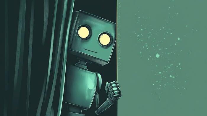 A robot peaking out from behind a curtain