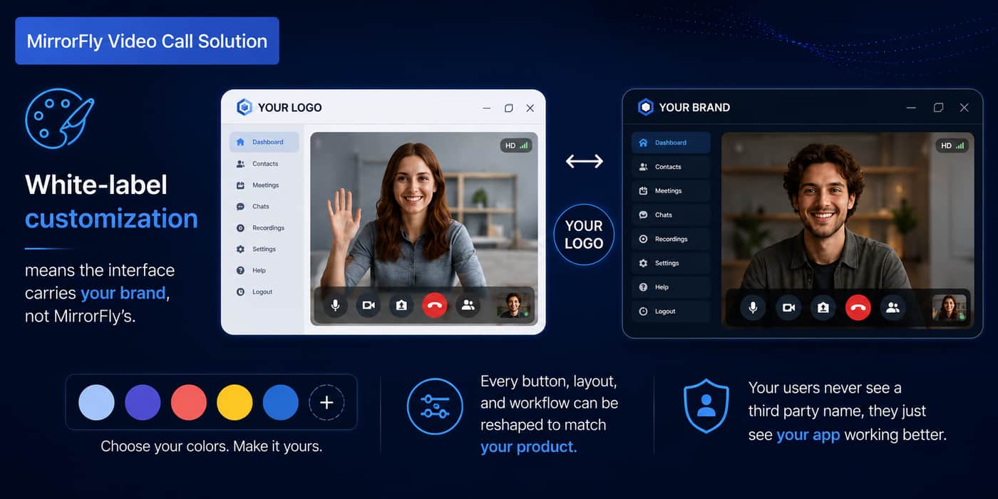 MirrorFly white-label video calling solution with customizable branding, logos, colors, layouts, and workflows, enabling businesses to deliver a fully branded communication experience without third-party branding.