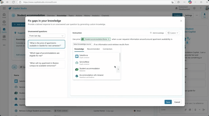 Microsoft Copilot Studio user adds a knowledge source to an AI agent
