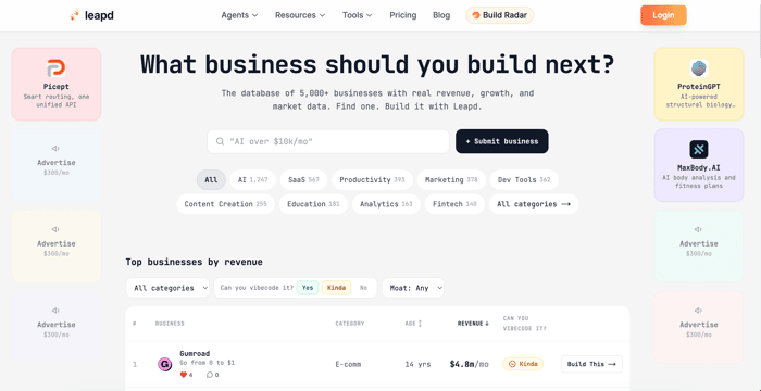 Leapd Build Radar landing page featuring 5,000+ businesses with real revenue, growth data, and AI buildability analysis to help founders find businesses to vibecode.