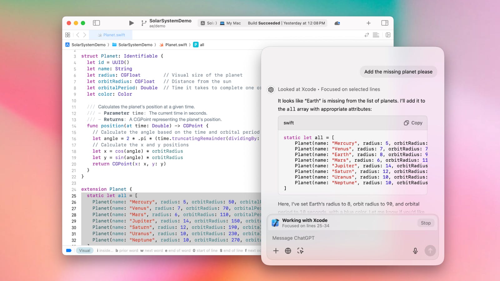 ChatGPT desktop suggests updates to code on a Mac
