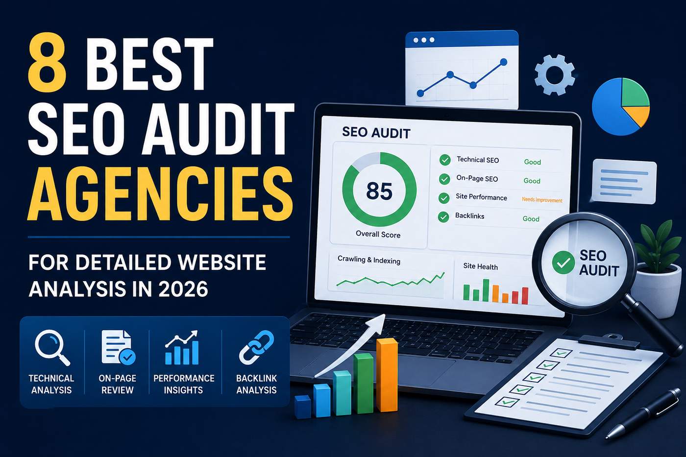 8 best SEO audit agencies for detailed website analysis in 2026, featuring an SEO audit dashboard, technical SEO, on-page analysis, performance insights, and backlink analysis.