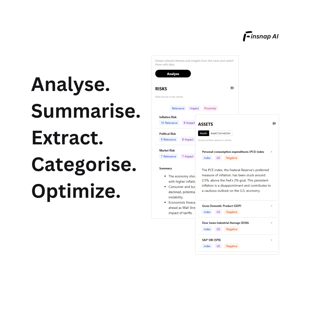 A promotional image for Finsnap AI showcasing its capabilities to analyze, summarize, extract, categorize, and optimize data. The image includes a screenshot of the tool identifying risks such as inflation risk, political risk, and market risk, along