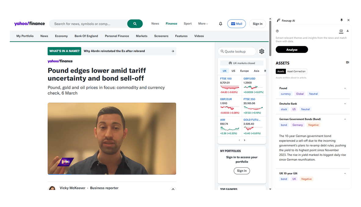 A screenshot of a Yahoo Finance article titled "Pound edges lower amid tariff uncertainty and bond sell-off," discussing the impact on pound, gold, and oil prices as of March 6. The page includes market data for FTSE 100, GBP/USD, and other indices o