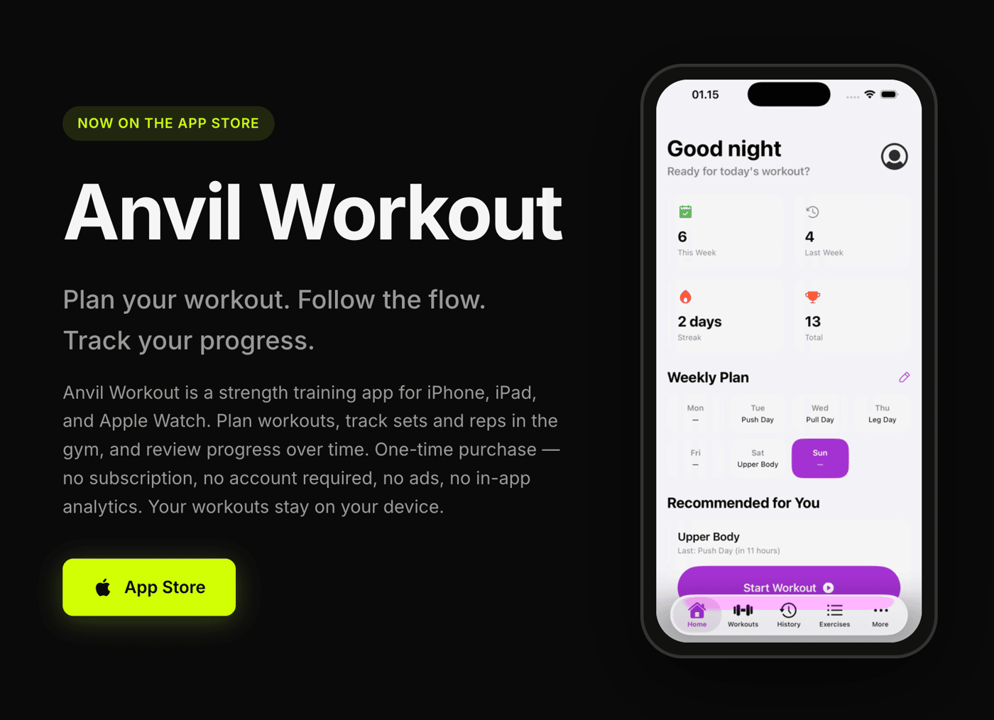 Screenshot of the website for Anvil Workout