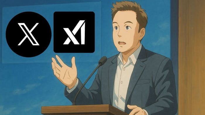 Elon Musk standing at a lectern with the logos of X and xAI in front of him.
