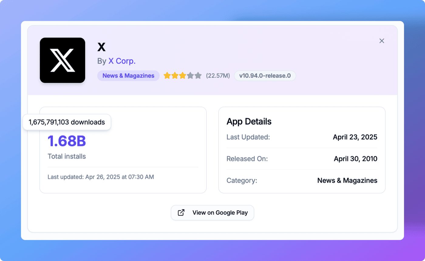 X app download count in google play store