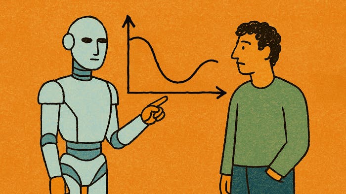 A robot points at a man, who looks dejected. There is a chart that shows a declining metric.