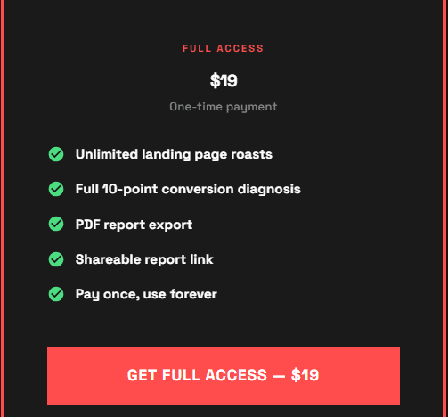 screenshot of roast my landing one time pricing of $19 with lifetime unlimited roasting opportunities