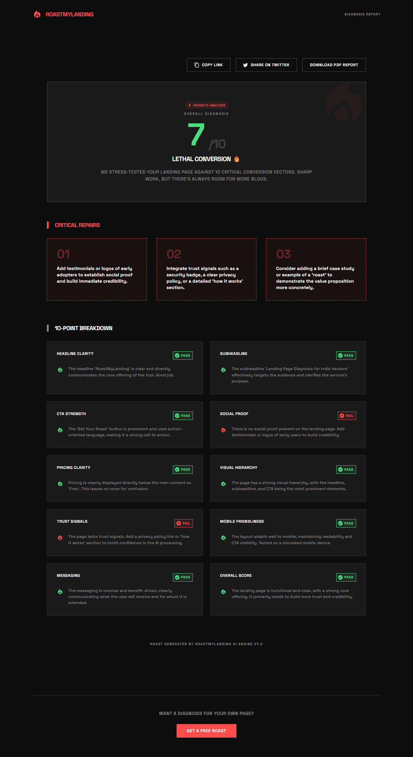 screenshot of results page from roast my landing