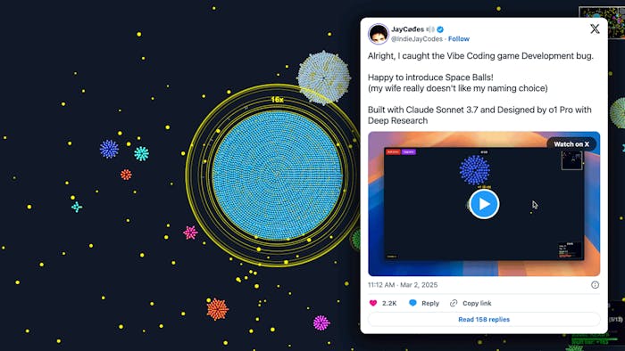 A screenshot of the game Space Balls with a tweet from its founder overlayed over it.