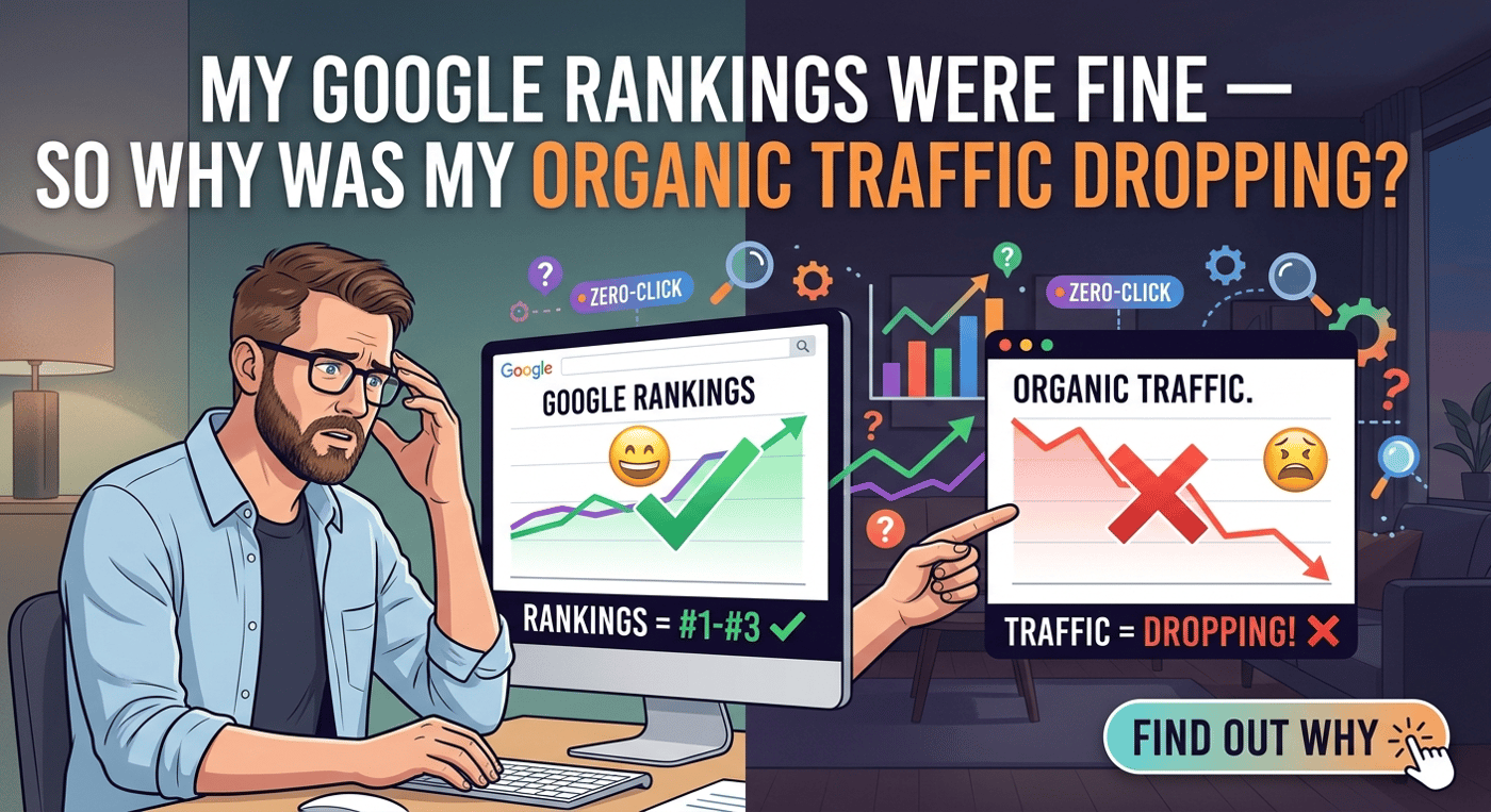 A man at a computer with two contrasting screens, illustrating that fine Google rankings can still lead to dropping organic traffic.