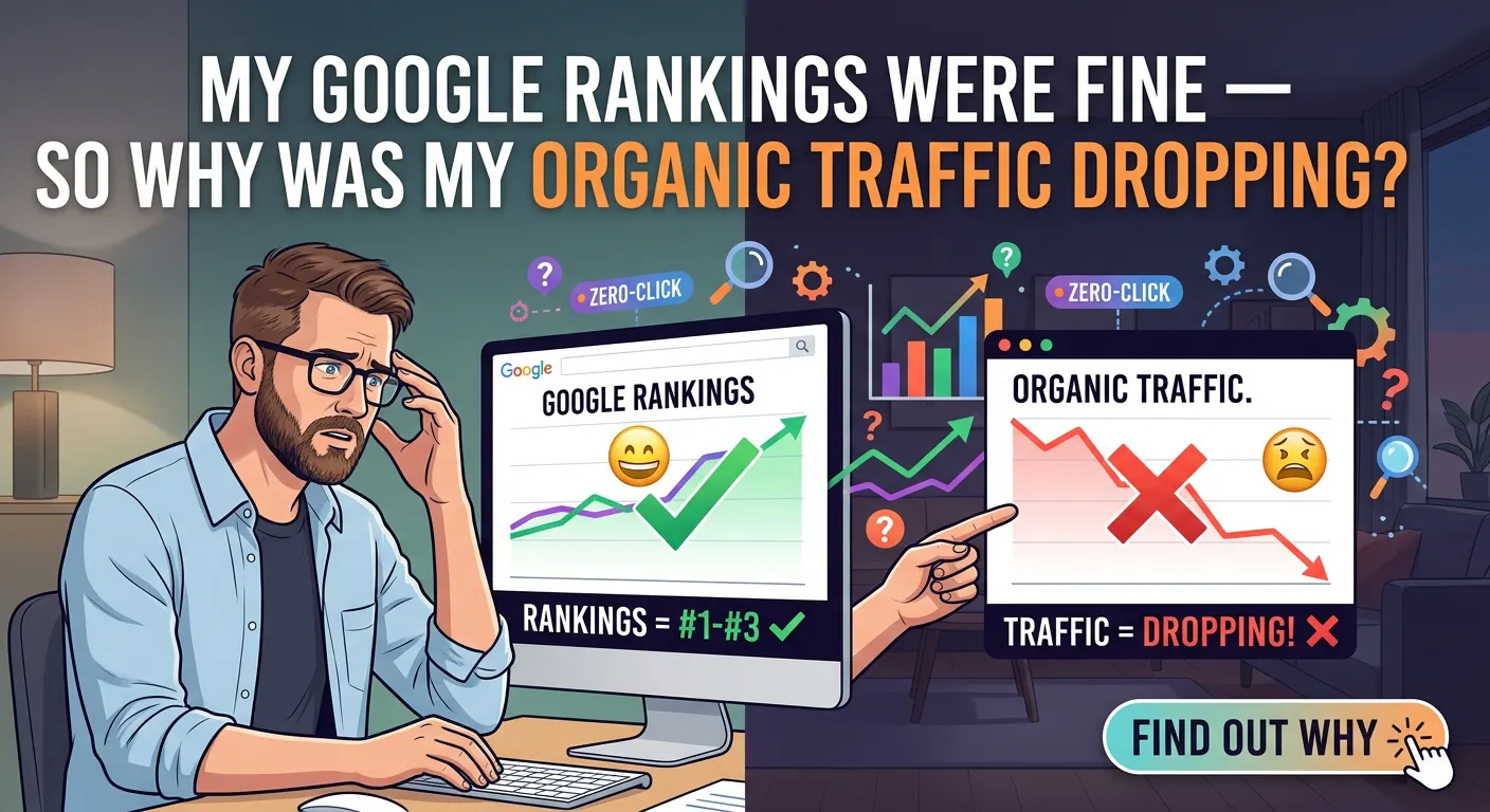 A man at a computer with two contrasting screens, illustrating that fine Google rankings can still lead to dropping organic traffic.