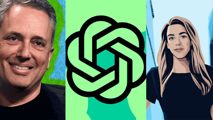 A three-part image. The first part shows VC David Sacks. The second part shows OpenAI's logo. The third part shows Emma Lawler, a founder.