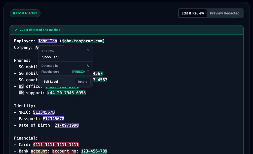 A screen showing a highlighted PII tag, indicating a person name detected by AI