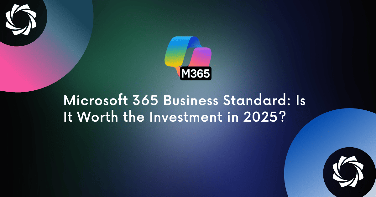 Microsoft 365 logo with the title 'Microsoft 365 Business Standard: Is It Worth the Investment in 2025?' on a gradient dark background with abstract circular graphics