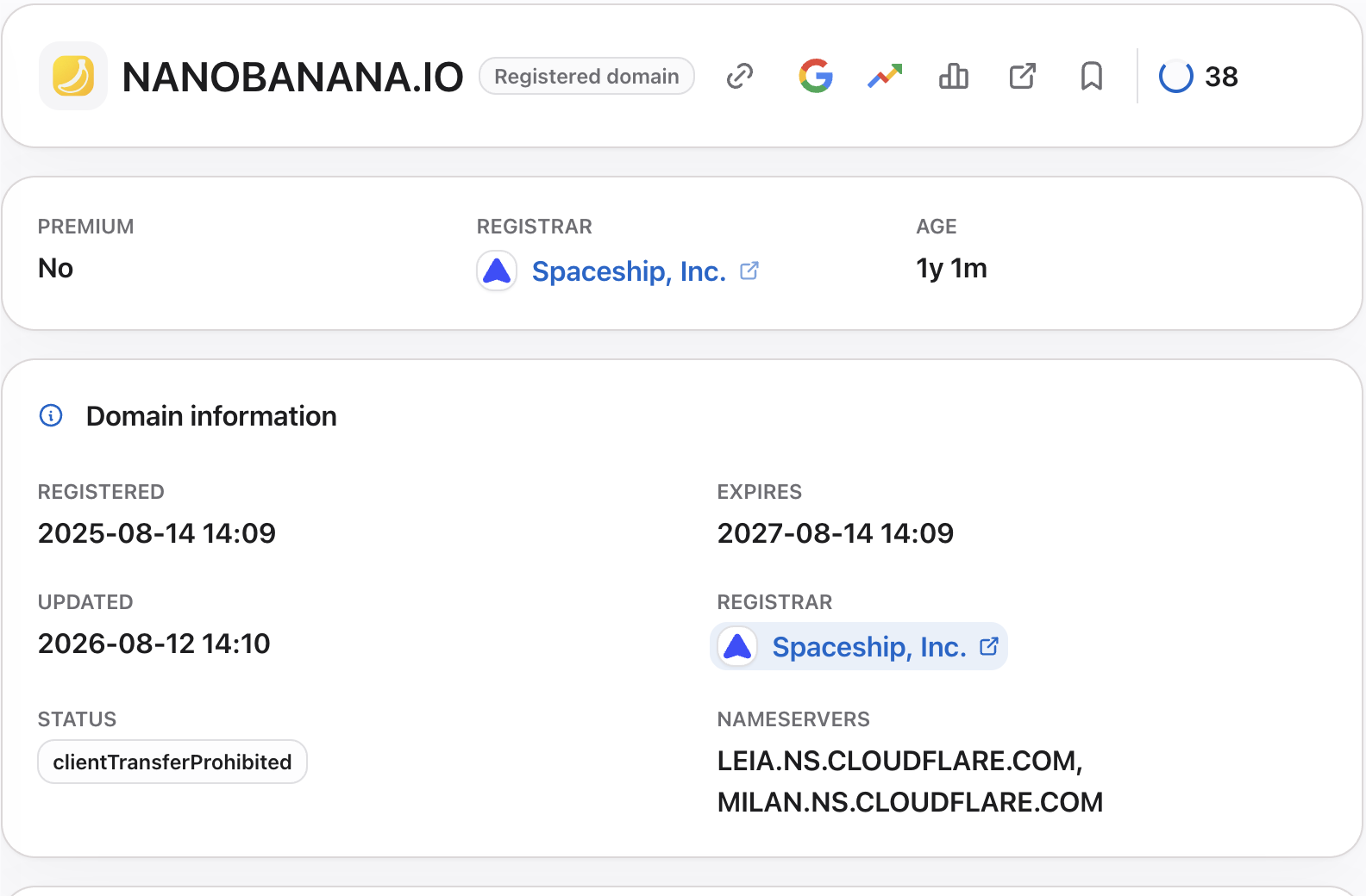 QName AI WHOIS results for nanobanana.io showing domain suffixes, registrar, registration dates, status, and nameservers