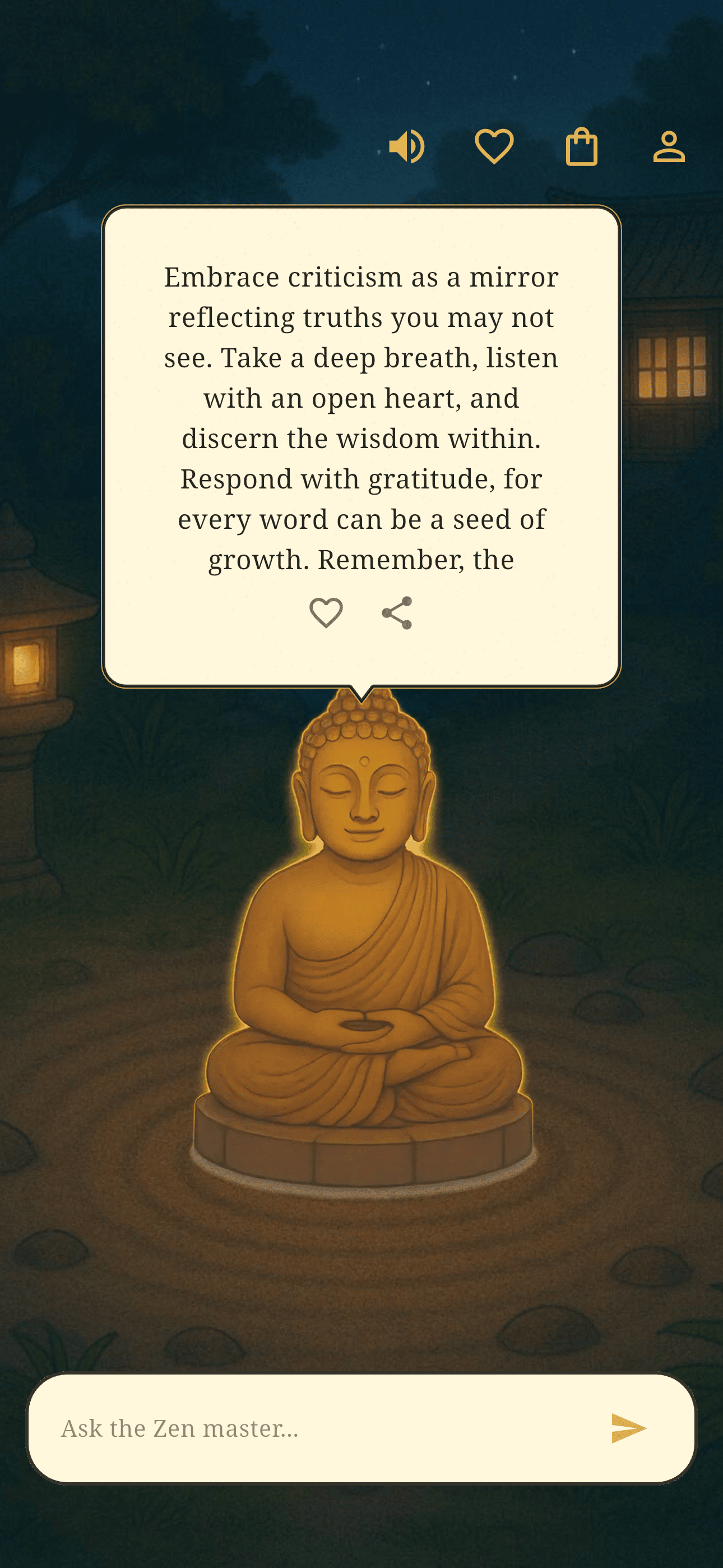Screenshot of the Zen Courtyard app showing a golden Buddha statue in a tranquil night garden. A dialogue bubble displays a mindfulness quote about embracing criticism with openness and gratitude.