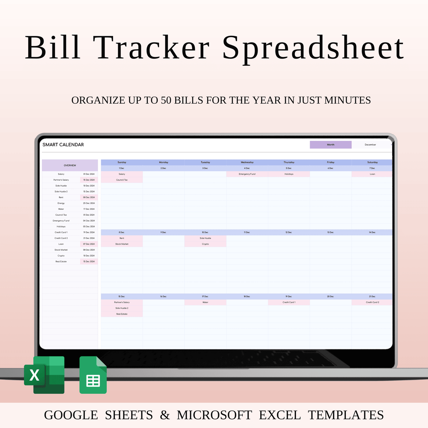 Bill Tracker Spreadsheet for Excel & Google Sheets