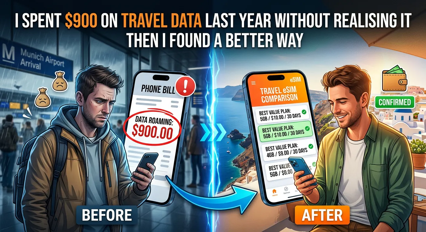 A visual story showing a frustrated traveler at an airport with a $900 roaming bill, contrasted with his happy realization of how to compare affordable travel eSIM plans.