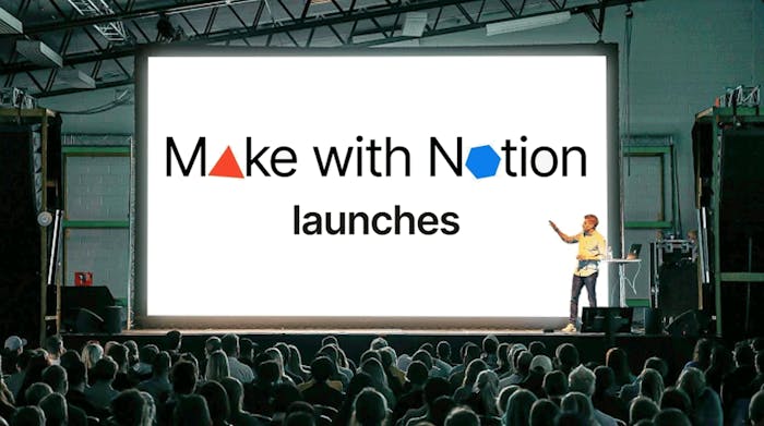 A man gives a presentation for Notion at a conference