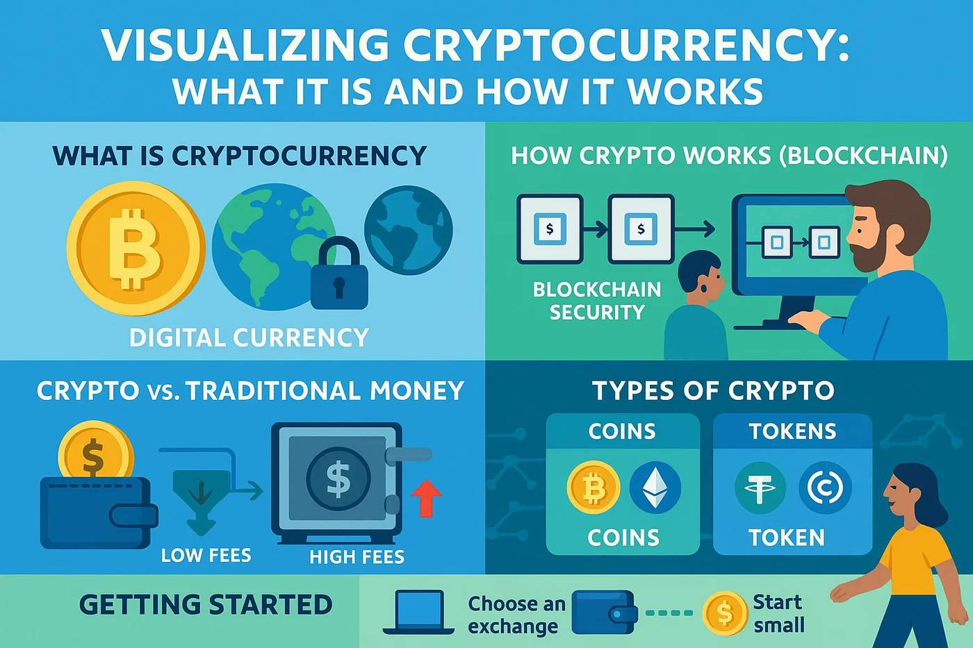 Infographic summarizing the blog post on 'What is Cryptocurrency and How It Works for Beginners'. Key sections include a simple definition of crypto, how blockchain works, crypto vs. traditional money, common types, and steps to get started. Features