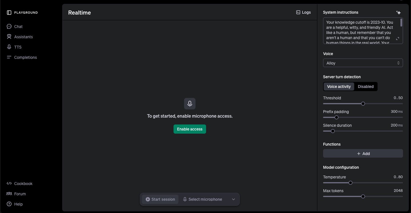 Runtime API in use in the OpenAI playground