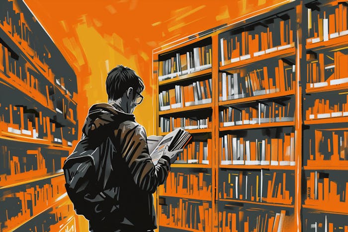 A startup founder reading a book in a library.