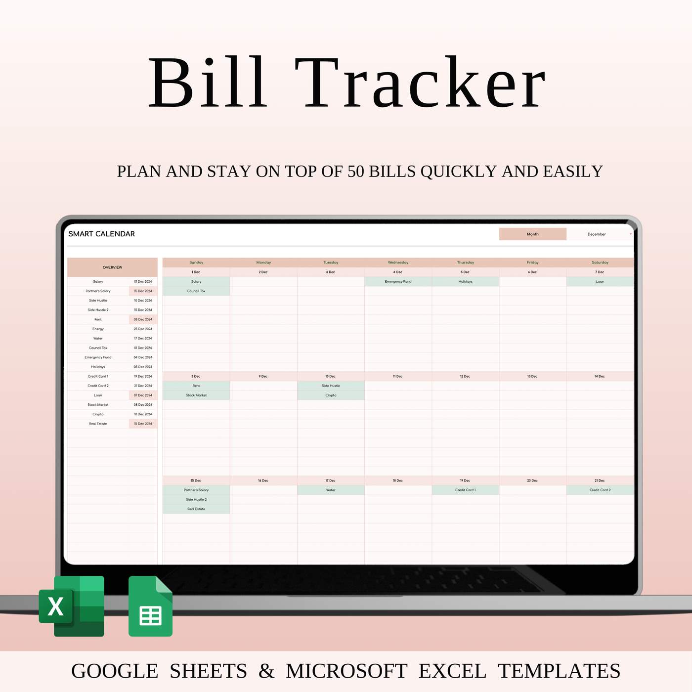 Bill Tracker Calendar Template Excel & Google Sheets