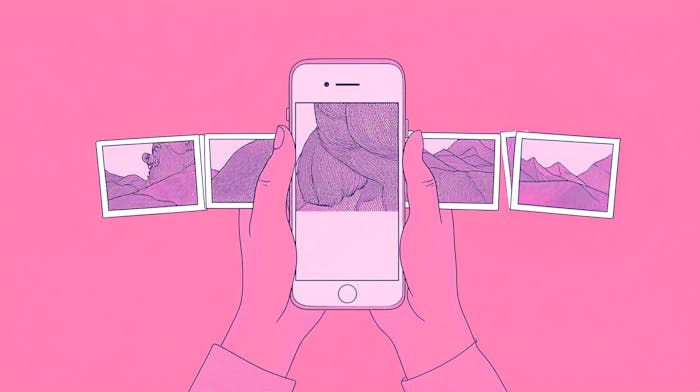 A carousel of photos passing behind a smartphone