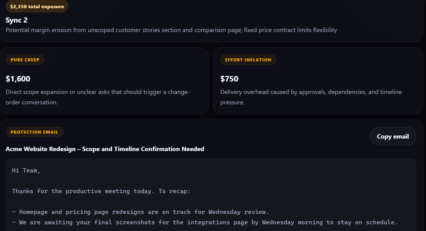 A random transcript, generated into actionable info and showing how much people can lose over missing out on client requests