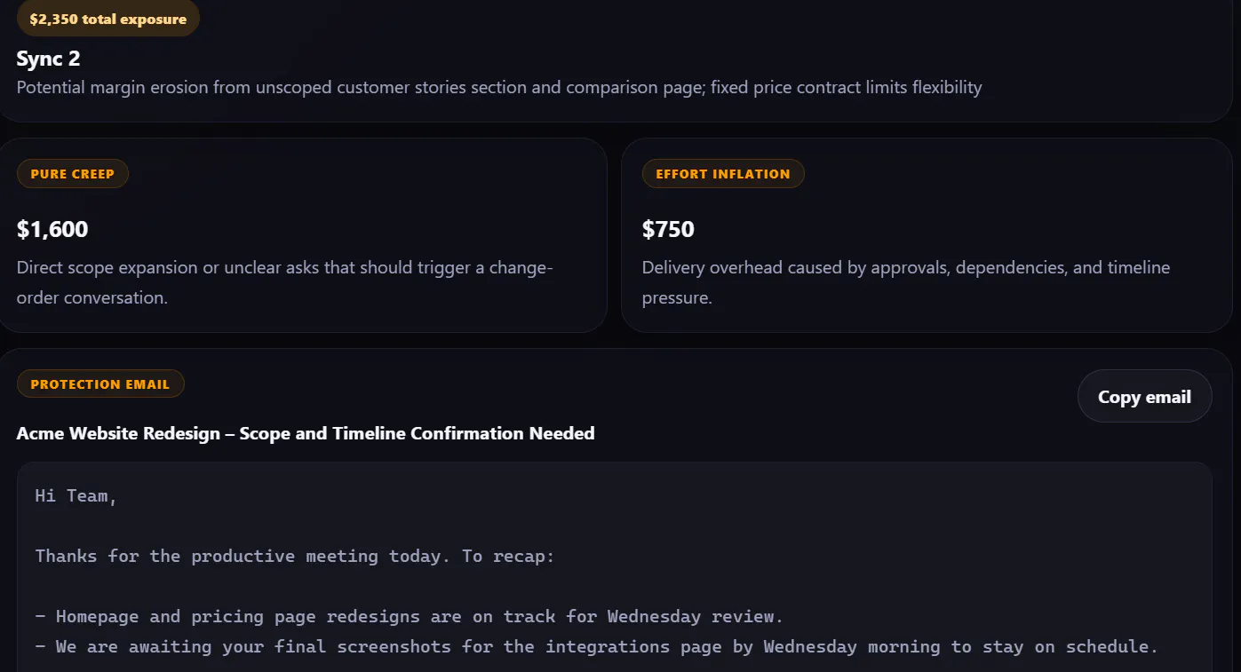 A random transcript, generated into actionable info and showing how much people can lose over missing out on client requests