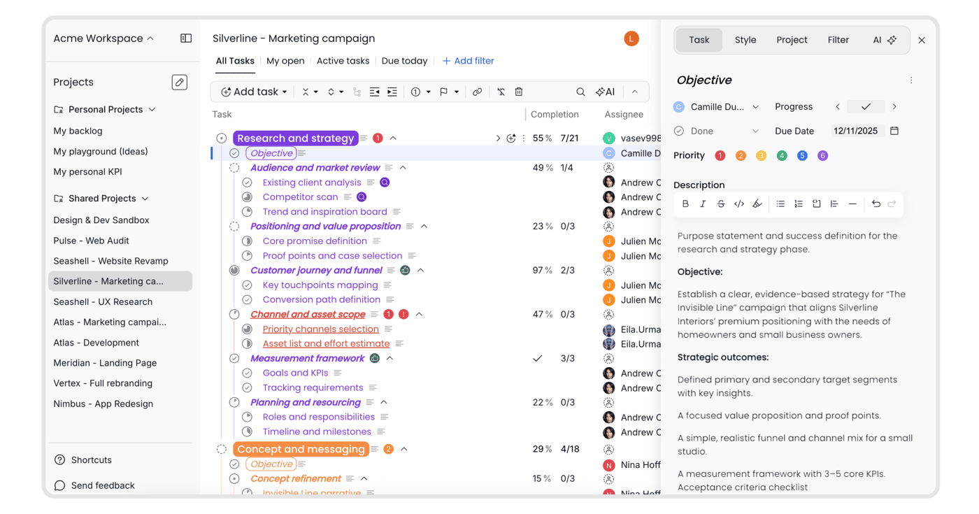 Nean Project task management platform. Task tree pane with colorful tasks organized in hierarchy. Task rich text description and properties like assignee, progress, state, due date.