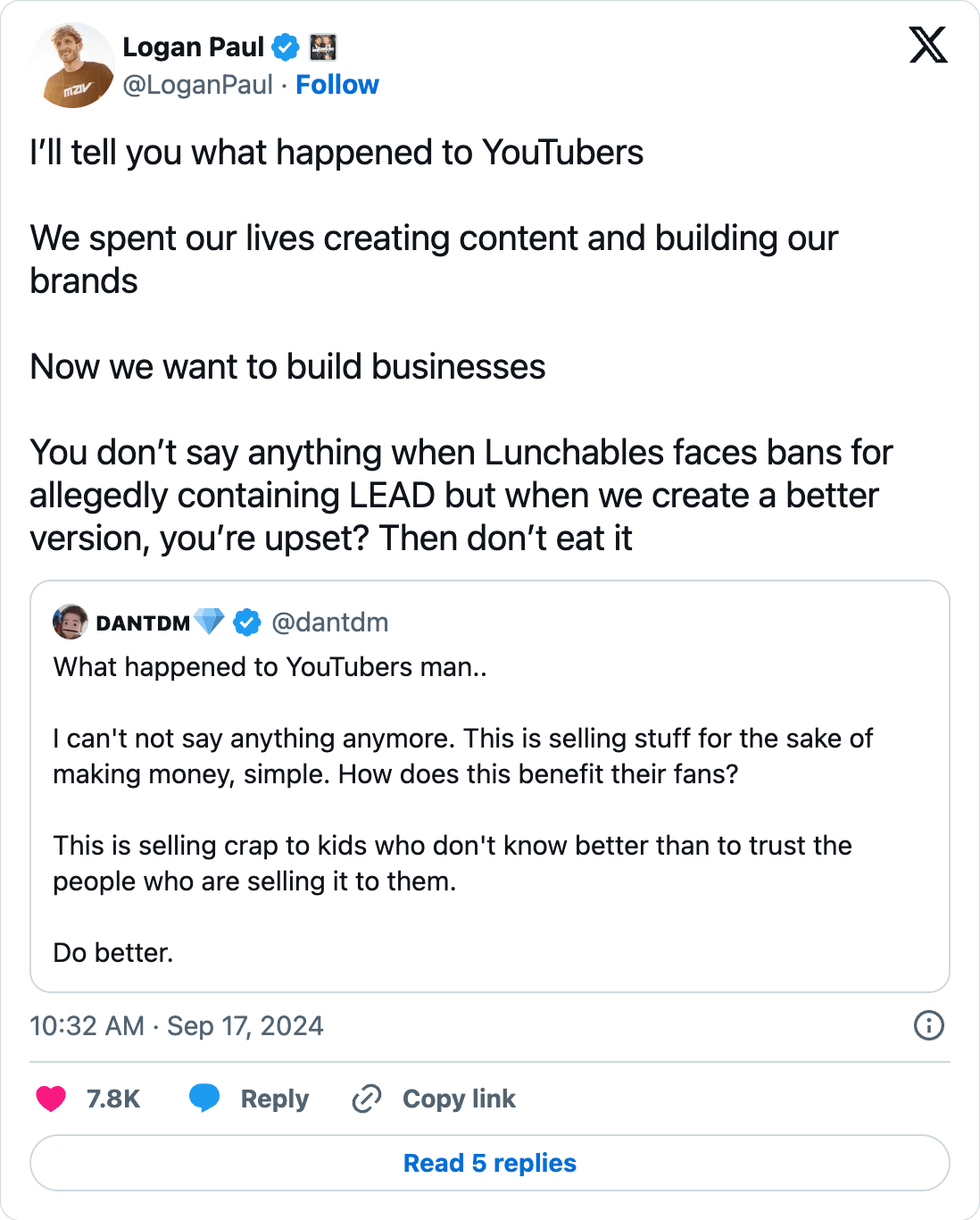 Logan Paul says, "I’ll tell you what happened to YouTubers. We spent our lives creating content and building our brands. Now we want to build businesses."