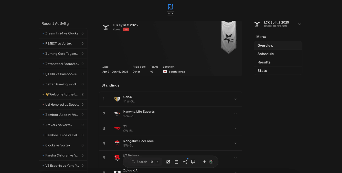 Tournament page